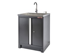 Werkzeugschrank Mattschwarz aus Metall mit 2 Türen und Waschbecken aus Edelstahl 72 x 60 x 94,5 cm