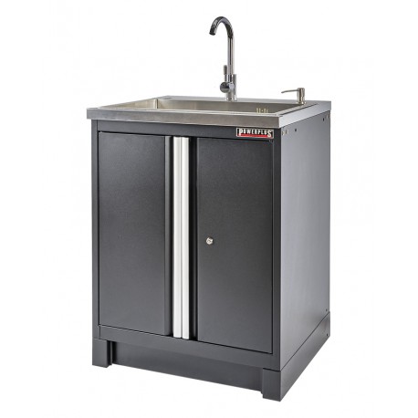 Werkzeugschrank Mattschwarz aus Metall mit 2 Türen und Waschbecken aus Edelstahl 72 x 60 x 94,5 cm