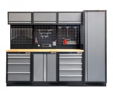 Werkstatt Set mit Hartholzplatte, Lochwand Mattschwarz, 3 x Hängeschrank - 9 Schubladen - 264 x 46 x 94,6 cm