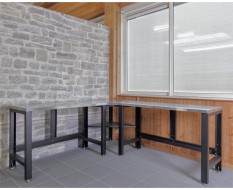 Werkbank Ecklösung 217 x 217 cm mit MDF Edelstahl Arbeitsplatte – Abverkauf